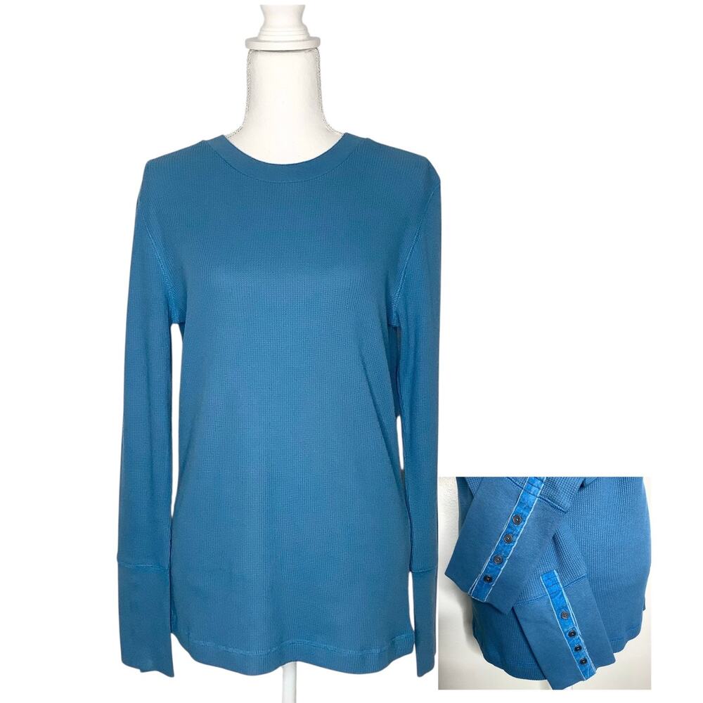 Sundance Blue Long Sleeve Thermal Waffle Knit Top Button Cuffs Medium